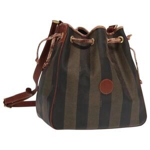 FENDI Pecan Canvas Shoulder Bag Brown Black Gold